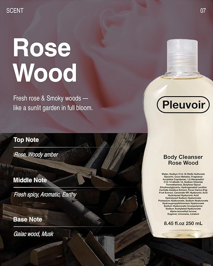 Pleuvoir Body Cleanser Rose Wood - Perfume Body Wash - Fresh Blooming Rose Smoky Woody Scent - Rich Moisturizing Foam with 8 Types Hyaluronic Acid Ceramides - Vegan K-Beauty, 8.45 fl.oz