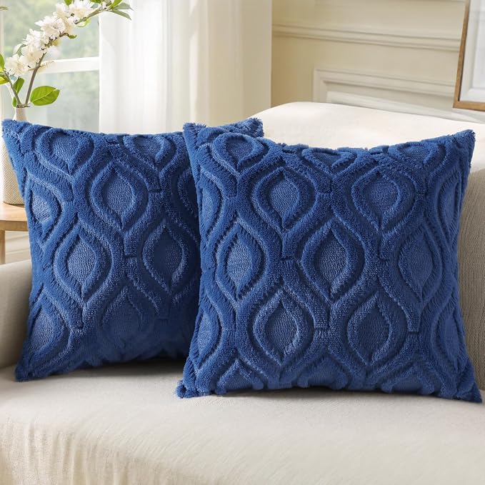 decorUhome Faux Fur Plush Soft Dark Blue Throw Pillow Covers 20x20 Set of 2 | Wool Solid Fall Couch Pillow Covers, Accent Modern Farmhouse Neutral Decorative Square Pillow Cases for Sofa Bed Living Room