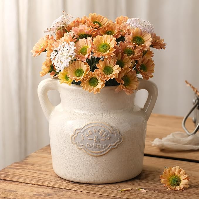 Rustic White Ceramic Vase, 5.8 Inch Vintage Flower Vases with Handle, Farmhouse Distressed Decorative Vases for Home Decor, Wide Mouth Vase for Living Room Bedroom Table Shelf Decorations