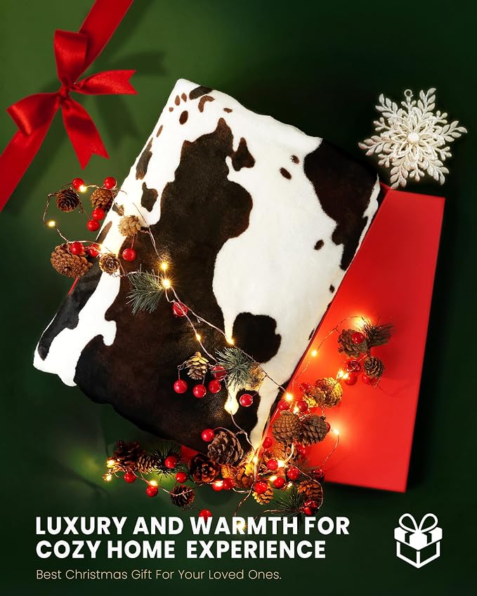 Cow Print Blanket Ultra Soft Flannel Throw Blanket for Couch Bed, Cute Cozy Lightweight All-Season Fleece Blanket, Gift for Women & Girls, 50×60 Inches Black & White