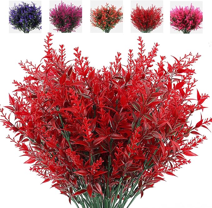 RECUTMS Artificial Outdoor Flowers,Faux Fall Plant Plastic Lavender Bouquet | 8Pcs,Red UV Resistant Faux Flowers fo Outdoor Planters,Spring Fall Decor,Lifelike Natural Fake Plant to Brighten Up Your Home