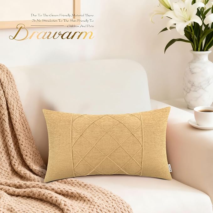 BRAWARM Chenille Throw Pillow Covers 12x20 Inches, Gold, 2 Pack | Decorative Lumbar Pleated Pillow Covers, Soft Cushion Cases for Sofa Bed Living Room Home Farmhouse (No Insert)