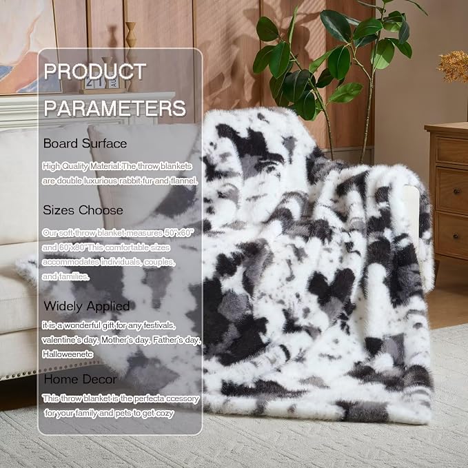 Luxury Fluffy Faux Fur Throw Blanket,Thick Fluffy Silky Fuzzy Cozy Blanket,Plush Blankets for Couch, Sofa, Chair, Bed-Black&Grey Cow-50 * 60inch