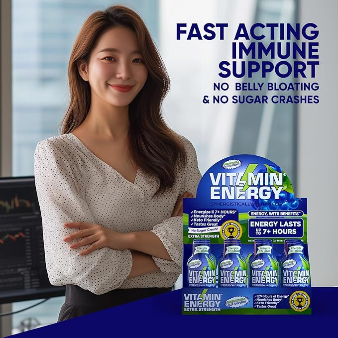 Vitamin Energy Immune+ Extra Strength Energy Shot Blue Raspberry 24 Pack, 260mg Natural Caffeine, B-Vitamins, Citicoline, Green Tea, Immunity & Focus Support, Zero Sugar, Gluten-Free 1.93 fl oz