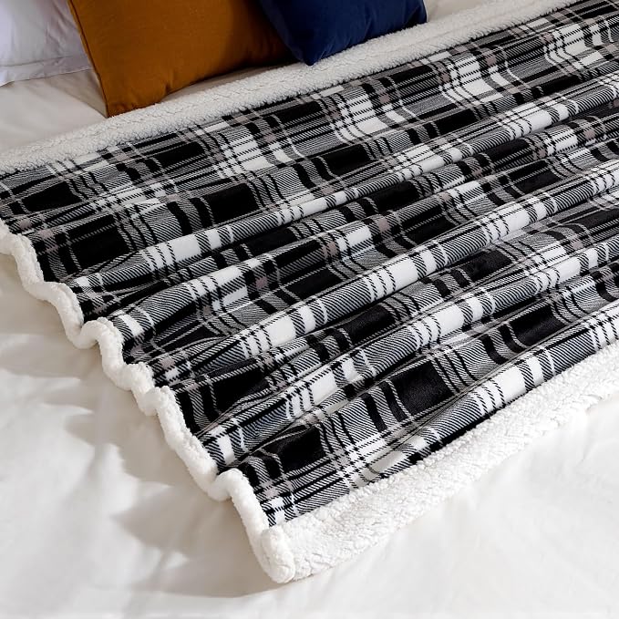 Sherpa Plaid Throw Blanket,Fleece Flannel Plush Twin Size Microfiber Blanket for Couch Bed Sofa,Fuzzy Fluffy Cozy Soft Blanket(60" X 70", Plaid Black)