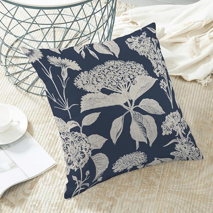 Floral Pillow Covers 18x18 Set of 2 Blue Beige Hydrangea Herbs Botanical Throw Pillow Covers Outdoor Decor Vintage Boho Flower Pillowcase Farmhouse Decorative Linen Cushion Case for Couch Sofa