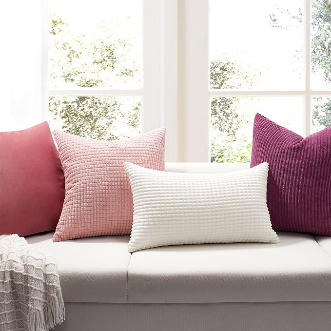 Softalker Corduroy Decorative Throw Pillow Covers 18x18, Set of 2, Cream | Soft Boho Striped Pillow Cases, Couch Fluffy Cushion Covers for Farmhouse Home Decor Bed Living Room