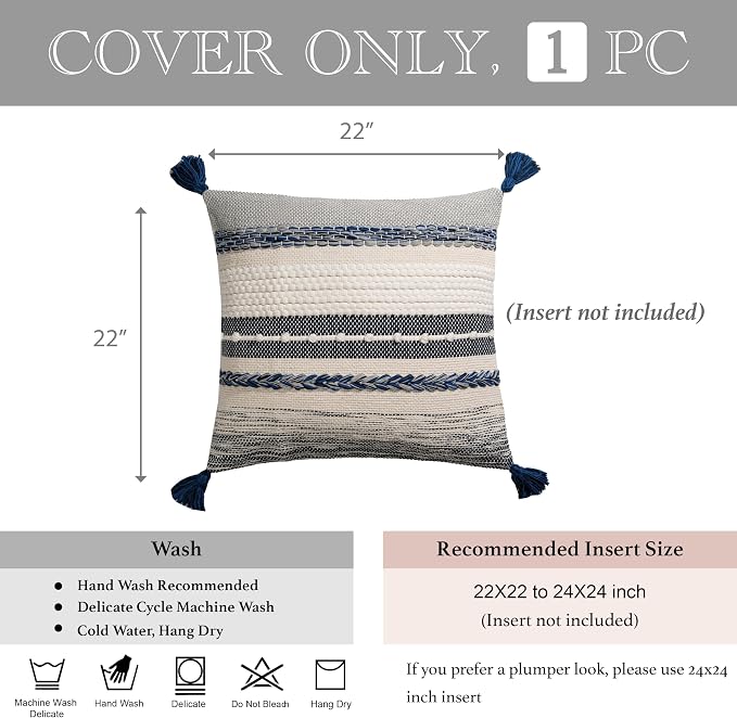 Navy Dark Blue Boho Throw Pillow Cover 22x22 Grey Decorative Accent Pillow for Couch Square Woven Textured Pillowcase Modern Boho Pillow for Bed, Bohemian Pillow Cover (Pack of 1)