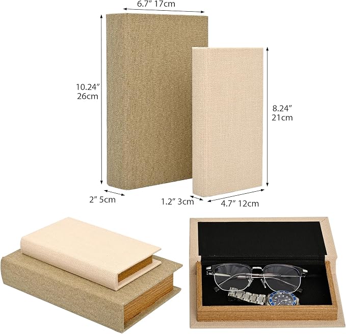 DECOR4SEASON Decorative Faux Book Storage Boxes Set of 2, Linen Fabric Textured Books, Neutral Cream & Grey, Modern Minimalist Home Decor, Bookshelf Accents for Coffee Table