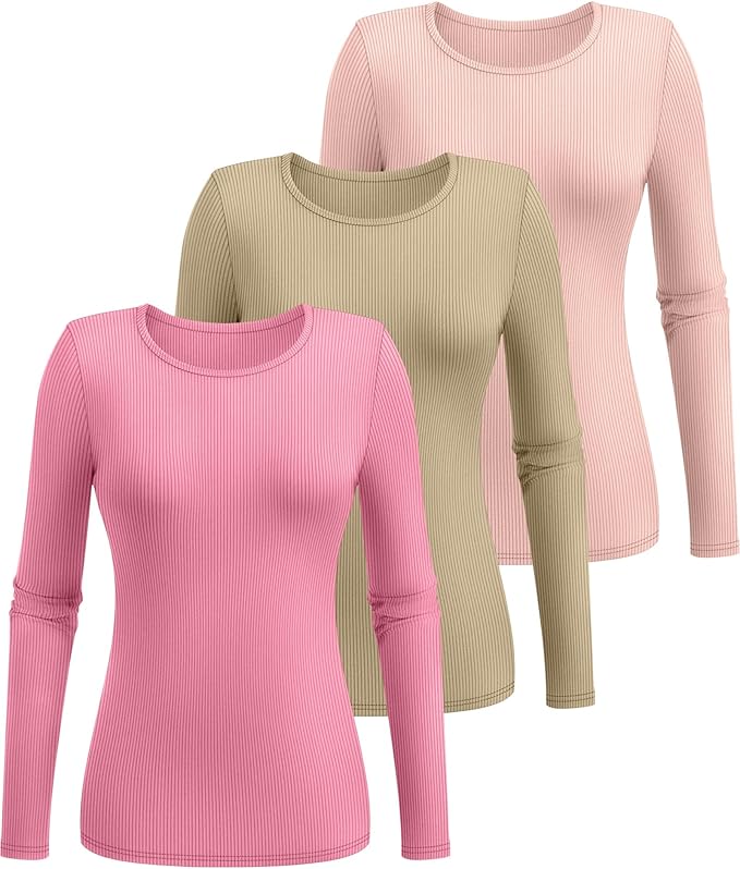 Ficerd 3 Pack Women's Ribbed Long Sleeve Tops, Crew Neck Slim Fit Undershirts Knit Basic Casual Stretch Layering Tee Shirts