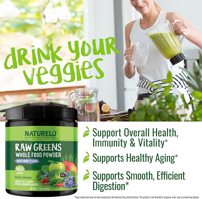NATURELO Raw Greens Superfood Powder 480 Grams, Mixed Berry - Supports Energy, Immunity and Detox - Includes Spirulina, Wheat Grass and Organic Greens for Whole Food Nutrition