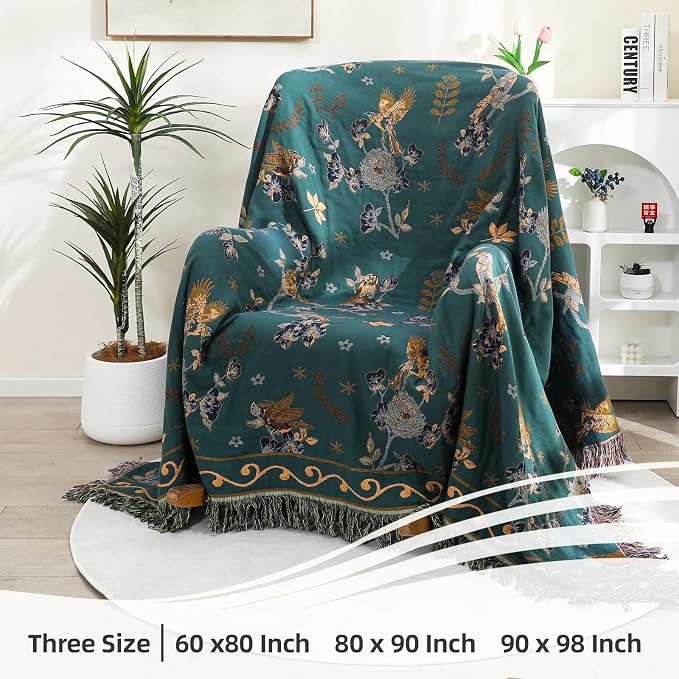 VANJOROY Boho 100% Cotton Large Throw Blanket - All Season Rustic Ultra Soft Breathable Floral Bird King Blanket for Bed Sofa Couch Chair Bedspread Quilt Gift, 91" x 98"-Teal/Beige