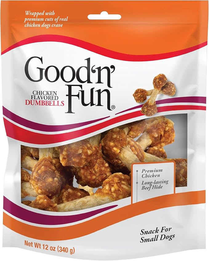 Good 'n' Fun Dumbbells Long-Lasting Dog Treat for Small Dogs, 12 oz | Made with Real Protein, Premium Chicken and Beef Hide Chew, Supports Dental Health, Mental Stimulation, For Adult Dogs