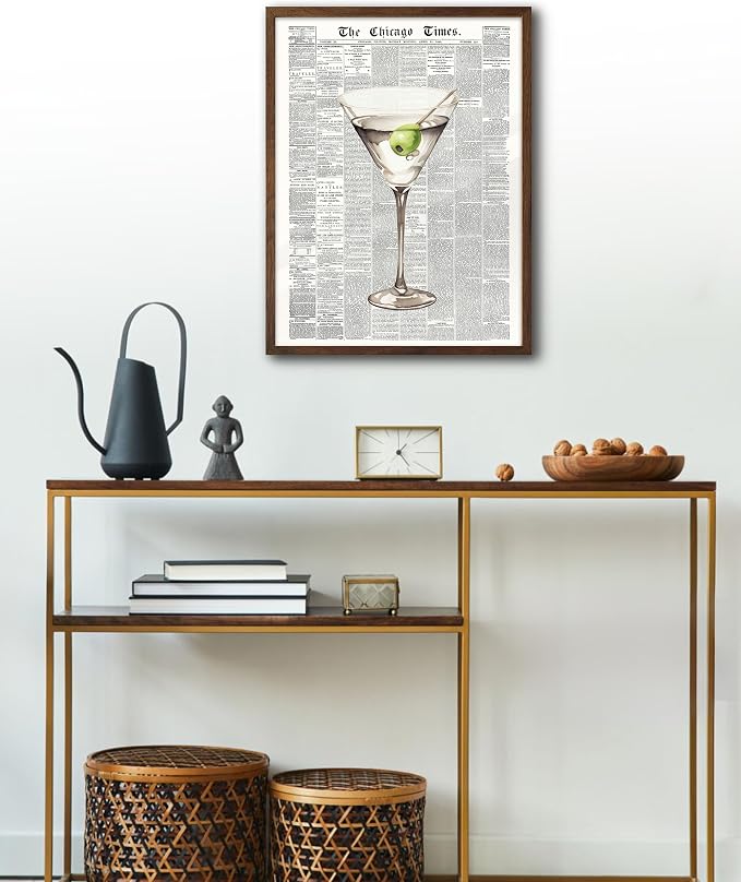 EcoHest 12x16 in Martini Newspaper Framed Wall Art for Bar Cart | Walnut Color Solid Oak Frame, Canvas Wall Art, Martini Bar Cart Decor for Living Room, Apartment, Dorm Room, Bedroom, 1Pack