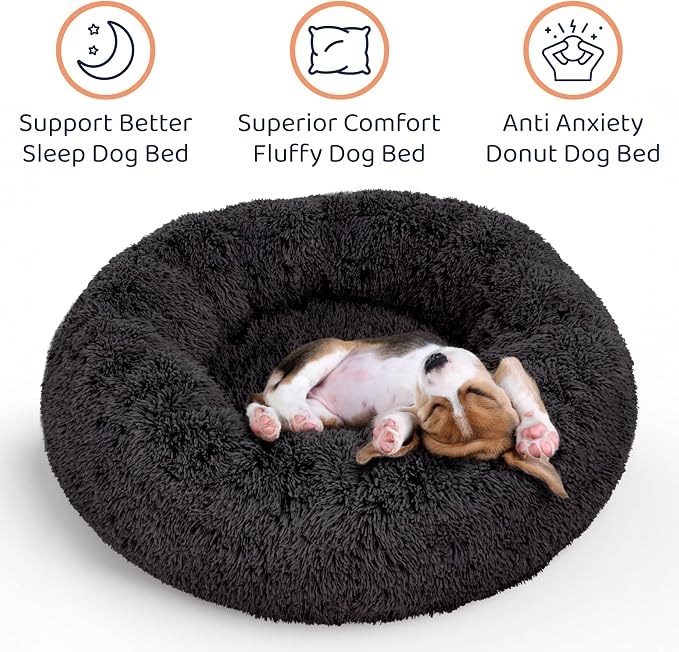 Donut Dog Bed - Premium Comfort for Anxiety Relief - Fluffy & Calming Design with Ultra-Plush Support | Cozy Round Dog Bed with Super Soft Circle Style (Black, Large)