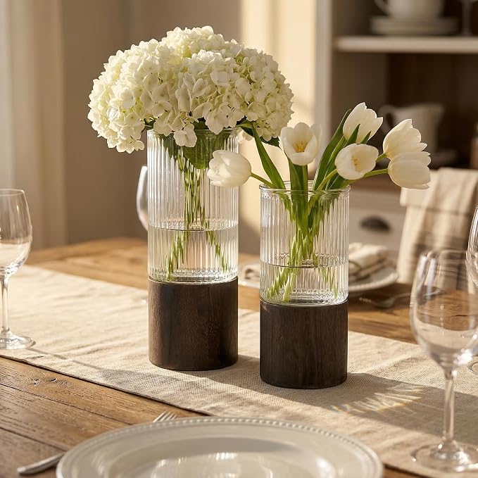 Ribbed Glass Flower Vase Set of 2 with Dark Wood Bases, 10 and 8 Inch Tall | Removable Glass Pieces, Wide-Opening Cylinder Vases for Bouquets, Fresh, Dried, Faux Stems, and Console, Shelf, Mantel Decor