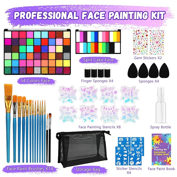 Face Painting Kit for Kids, 54 Colors Water Activated Face Paint Palette, Split Cake Body Paint for Adults, Non Toxic Makeup Kit Professional for Halloween, Christmas,Cosplay,Parties, Birthdays