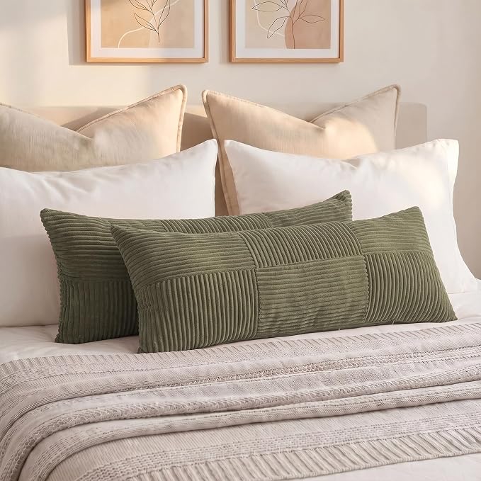 Fancy Homi Set of 1 Olive Green Boho Long Lumbar Body Decorative Throw Pillow Cover 21x54 Inch for Bed Couch Bedroom Bench, Soft Patchwork Corduroy Textured Pillow Case, Rustic Farmhouse Room Decor