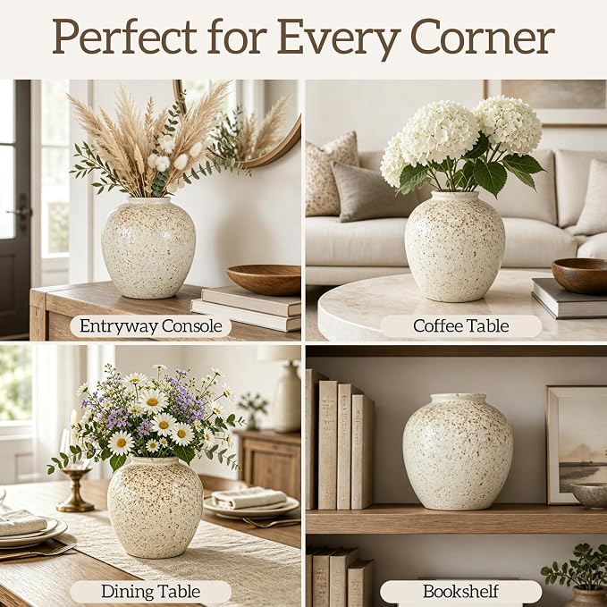 Cream Ceramic Flower Vase Speckled Bubble Glaze Home Decor | 6.29 Inch Rustic Table Vase,Decorative Ornament for Living Room,Office,Wedding,Birthday
