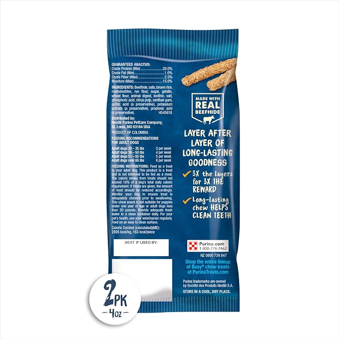 Purina Busy Rawhide Small/Medium Breed Dog Bones, Chewnola with Oats & Brown Rice - (Pack of 12) 2 ct. Pouches | Three-layer dog treat made with wholesome grains and a real beefhide center, long-lasting chew that helps clean teeth