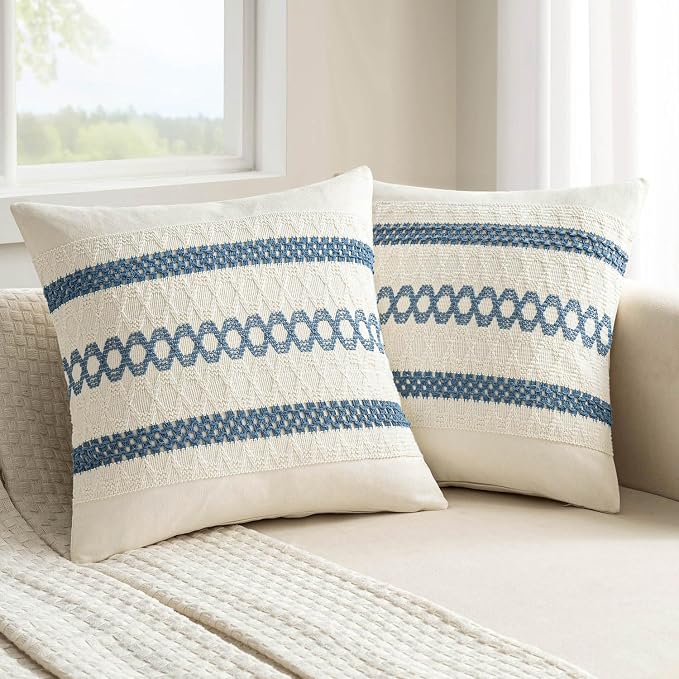 MIULEE Set of 2 Coastal Blue Boho Decorative Pillow Covers 18x18 Inch | Farmhouse Couch Throw Pillows, Modern Cotton Cushion Covers, Macrame Woven Spring Decor for Bed Sofa Chair