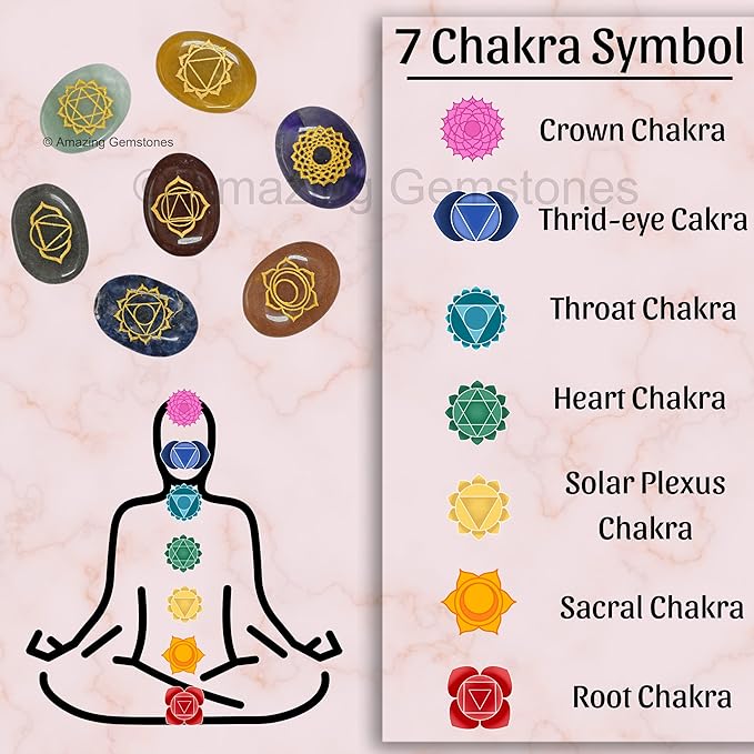 Amazing Gemstone 7 Chakra Oval Set Reiki Healing Crystal with Engraved Chakra OM Symbols Holistic Balancing Polished Palm Stones Set with Velvet Pouch