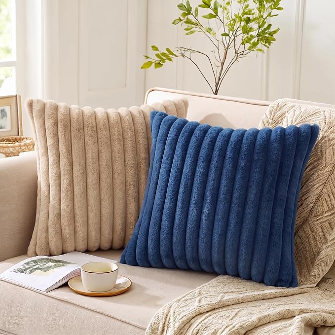 Pack of 2 Throw Pillow Covers 20x20 Decorative Solid Plush Faux Fur with Soft Velvet Back, Square Striped Cushion Cases Modern Farmhouse Home Decor for Living Room Couch Sofa Bed Apricot