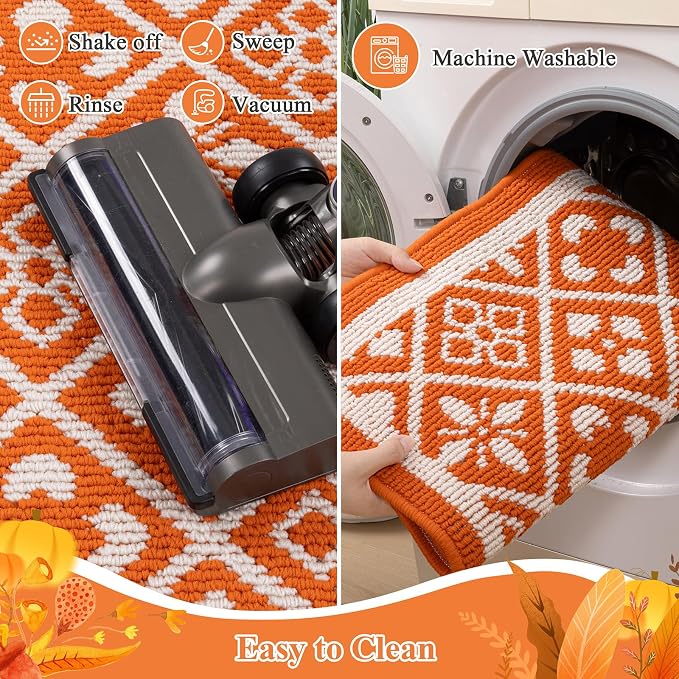 Ileading Fall Hallway Runner Rug Washable Orange Autumn Kitchen Mat 2x6 ft
