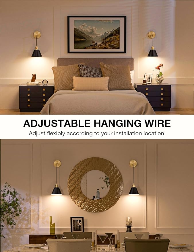 Gold & Black Battery Operated Wall Sconce Set of 2, 5200mAh Dimmable Detachable Bulbs and Remote Wireless Rechargeable Wall Lights, 9 Colors Sconces Wall Decor for Bedroom Living Room Hallway
