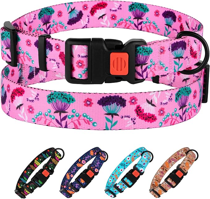 Nylon Dog Collar Floral Pattern Pink 12-16 inch