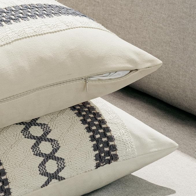 MIULEE Set of 2 Gray Boho Decorative Pillow Covers 20x20 Inch | Farmhouse Couch Throw Pillows, Modern Spring Cotton Cushion Covers, Macrame Woven Home Decor for Bed Sofa Chair
