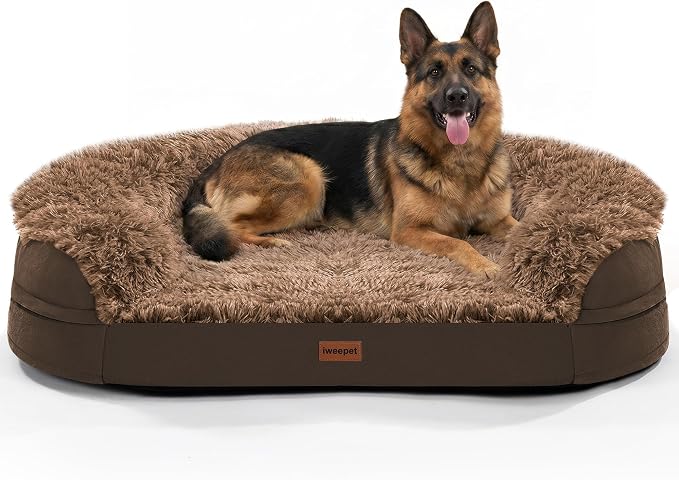 Fluffy Calming Jumbo Orthopedic Dog Beds for Extra Large Dogs, Supportive Dog Sofa Bed with 3.7 inch 28D Egg-Crate Foam, Removable Washable Plush Cover, Waterproof Lining, 48’’,Brown