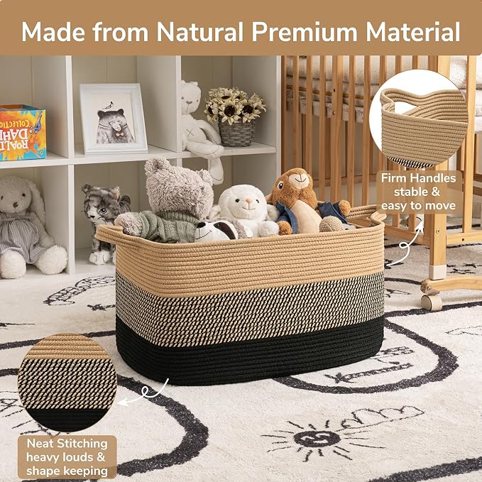 Goodpick Large Woven Blanket Basket, Rectangle, Black Jute, 75L | 21.6'' x 14.9'' x 11.8'' Wicker Storage Basket for Blankets & Toys, Living Room & Bedroom Organization, Reinforced Handles