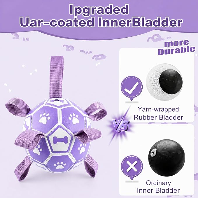 Dog Toys Balls, Dog Soccer Ball with Straps, Dog Birthday Gifts, Durable Balls for Small Medium Pet, Puppy Outdoor Toy, Pet Training Soccer Ball, World Cup Soccer (7.25 Inch) (Purple, Large)