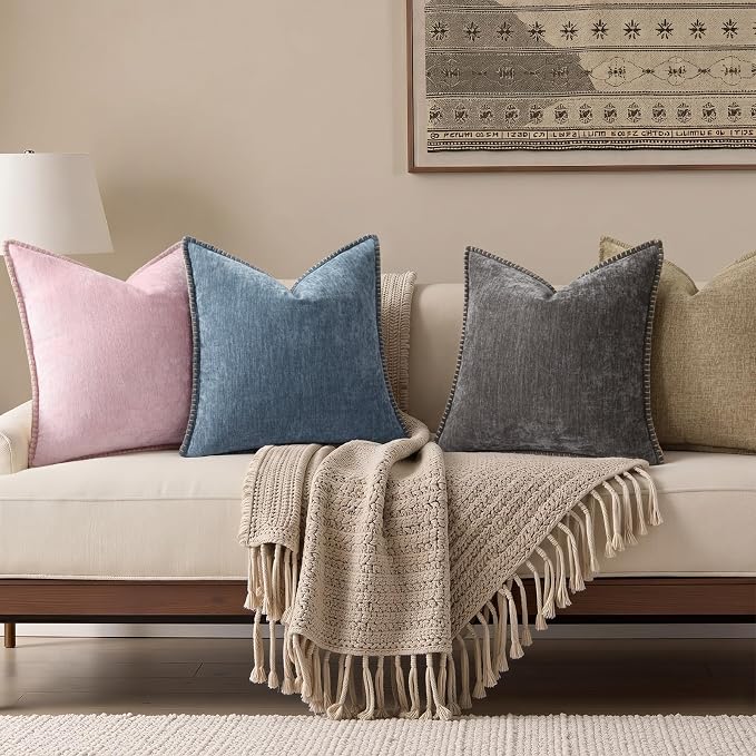 decorUhome Soft Chenille Throw Pillow Covers 26x26 Set of 2 Dark Grey | Fall Textured Decorative Throw Pillow Cases Stitched Edge Modern Farmhouse Luxury Boho Velvet for Couch Sofa Bed Home Decor