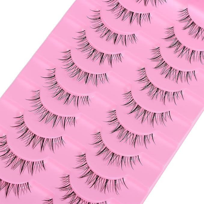 outopen 10 Pairs Manga Lashes Natural Look False Eyelashes Wispy Spiky Anime Lashes Korean Japanese Asian Style Cosplay Fake Eyelashes with Clear Band