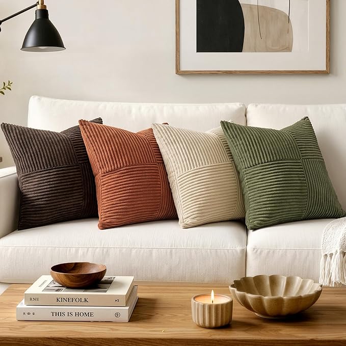 MIULEE Natural Beige Decorative Throw Pillow Covers for Couch 16x16 Inch | 2 Pack, Boho Farmhouse Pillow Covers, Soft Cross Corduroy Patchwork Textured Cushion Cases For Bed Sofa