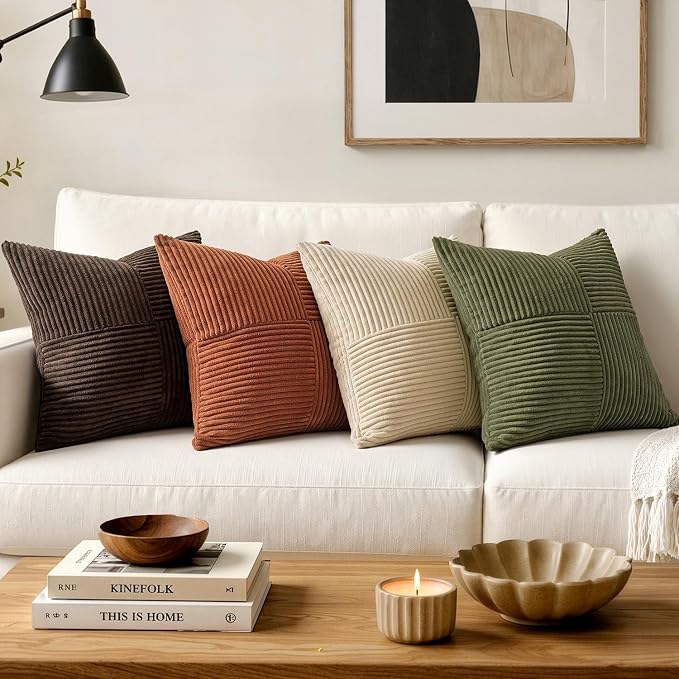 MIULEE Natural Beige Decorative Euro Sham Pillow Covers 24x24 Inch 2 Pack | Neutral Boho Farmhouse Pillow Covers, Soft Cross Corduroy Patchwork Textured Cushion Cases For Couch Bed Sofa