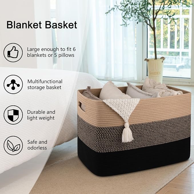 OIAHOMY 108L Super Large Blanket Basket, 25”x16”x16” Rectangle Woven Baskets for Storage, Cotton Rope Basket For Living Room, Toy Storage with Handle- Yellow and Black