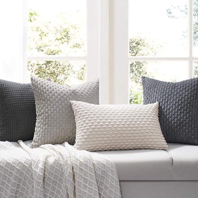 Softalker Corduroy Decorative Throw Pillow Covers 16x16, Set of 2, Grey | Soft Boho Striped Pillow Cases, Couch Fluffy Cushion Covers for Farmhouse Home Decor Bed Living Room