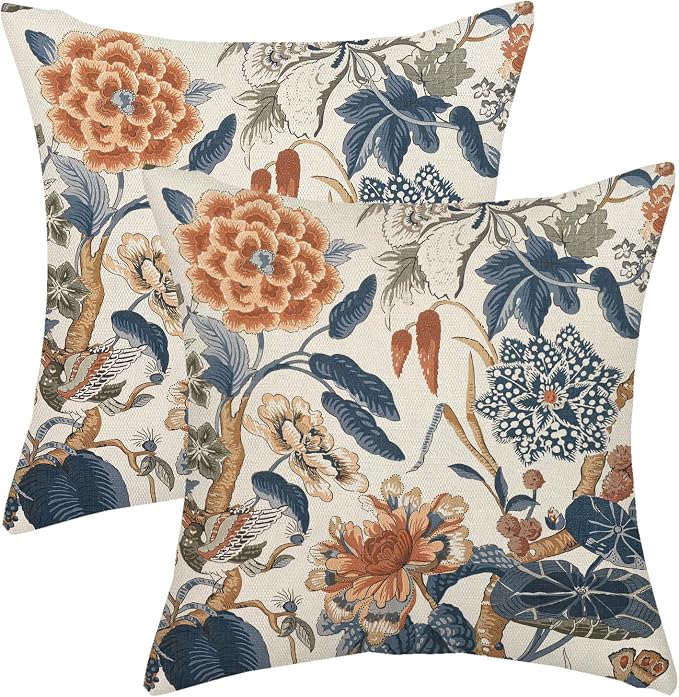 Navy Blue Orange Pillow Covers 16x16 Inch Set of 2 Vintage Blue Floral Throw Pillows Chinoiserie Flower Decorative Pillow Case Outdoor Linen Farmhouse Cushion Cover for Couch Sofa Decorations