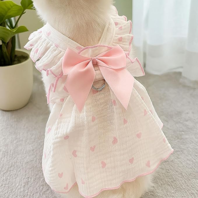 Dog Dresses for Small Dogs Girl Female Dog Cat Clothes Dress Cute Cotton Extra Summer Clothes Bow Decor Printed Love Birthday Outfit Puppy Clothes (Light Pink & Black, Large)