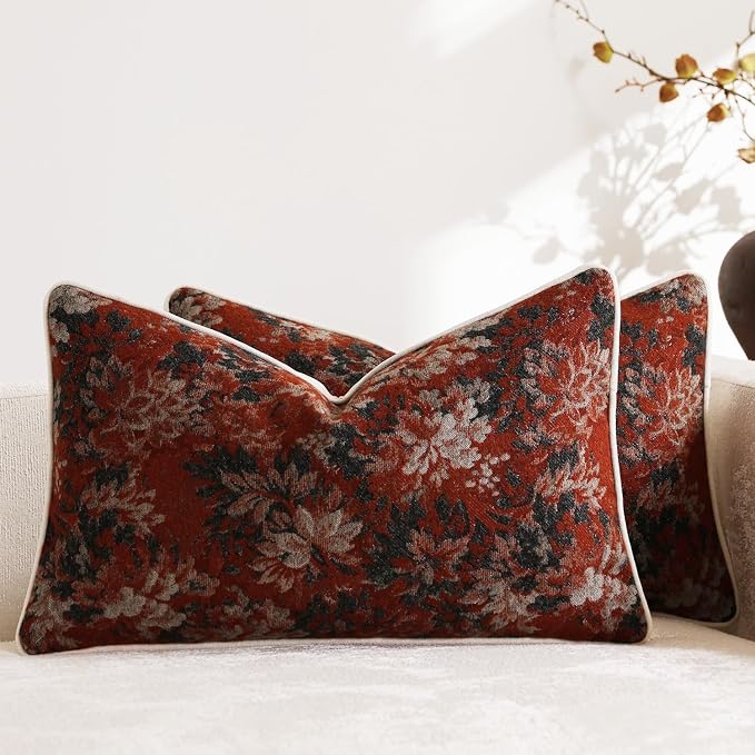 Pack of 2 Vintage Floral Pillow Covers 12x20 Boho Farmhouse Accents Chenille Rectangular Lumbar Decorative Throw Pillow Cases for Living Room Couch Bed Home Decor, Rust