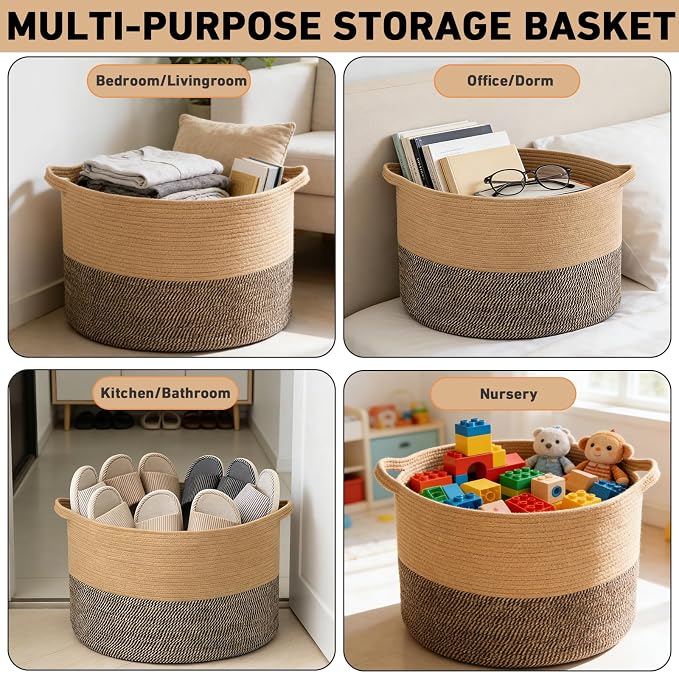 115L Extra Large Blanket Basket,Woven Laundry Basket-Jute&Black | Collapsible, reinforced handles, nursery storage bin organizes clothes, toys and pillows for living room, bedroom bathroom