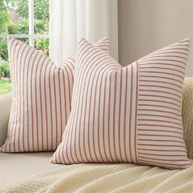 YCOLL Christmas Pillow Covers 18x18, Boho Throw Pillow Covers Set of 2, Red and Cream Striped Linen Decorative Pillows Cushion Covers for Couch Bedroom Christmas Decorations