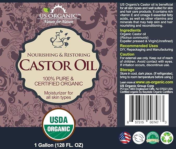 US Organic Castor Oil, Certified Organic, Expeller Pressed, Hexane Free, Natural moisturizing & emollient properties, Skin, Hair Care, Eyelashes, Size for DIY & small manufacturers (128 oz (1 Gallon))