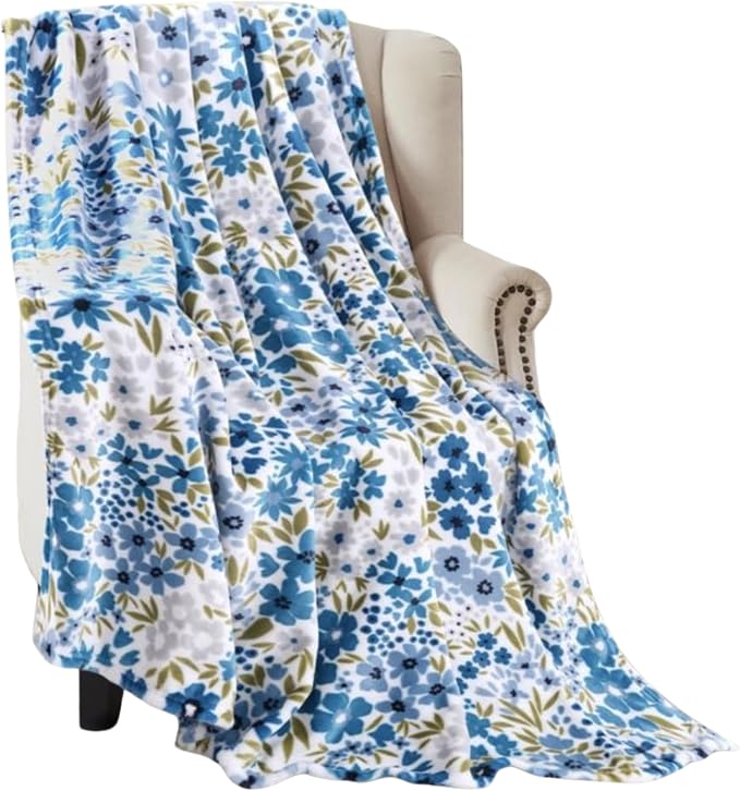 Spring Velvet Fleece Floral Throw Blanket: Garden Breeze of Grey Blue Green Flowers on a Colorful Soft Cozy White Design, Oversized 50" x 70"
