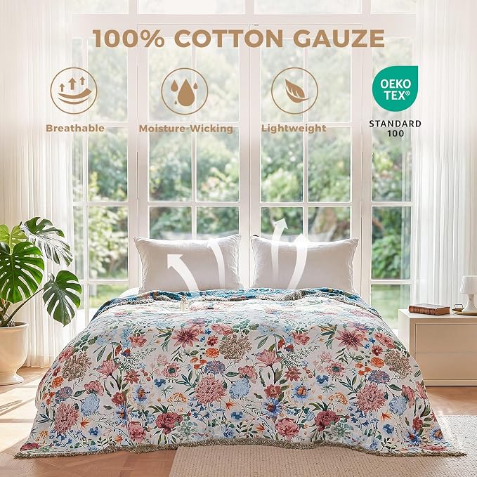 LUTBM Boho Throw Blanket for Bed 60"x80", All Season Cotton Couch Blankets | Reversible Floral Embroidery, Muslin Gauze Twin Quilt, For Chair Sofa Living Room Decor, Lightweight & Breathable, Women Gift