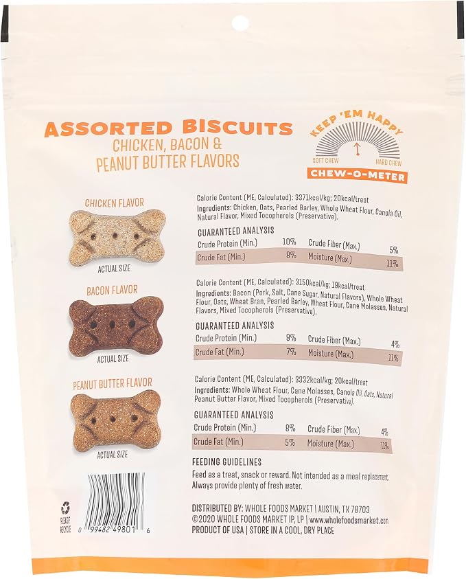 Whole Paws, Biscuit Dog Treats, Assorted Flavors (Chicken, Bacon, & Peanut Butter), 14 Ounce