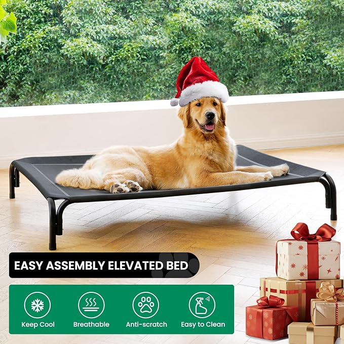 Elevated Dog Bed Outdoor Cooling Raised Cot for XL Dogs, Black 48.8in | Tool-Free Installation; Washable Cooling Breathable Mesh; Anti-Slip Feet; Indoor & Outdoor Use